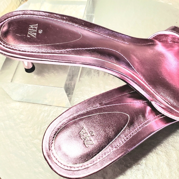 ZARA💖 PINK METALLIC AND RHINESTONE KITTEN HEEL SLIDES size Euro 40, (US 9 -9.5) - Picture 8 of 14